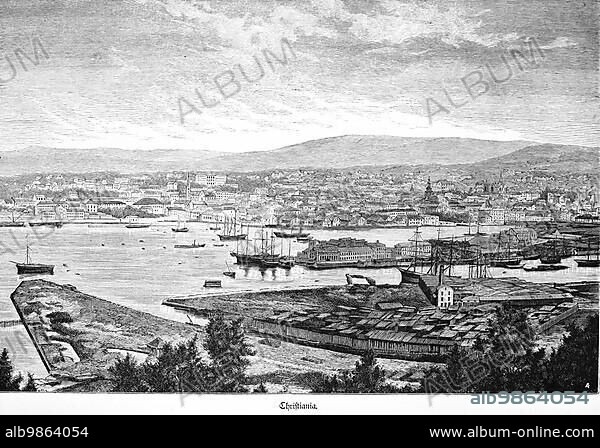 Oslo formerly Christiania, capital of Norway, city view from above, harbour, fjord, sailing ships, houses, churches, boats, mountains, historical illustration around 1898.