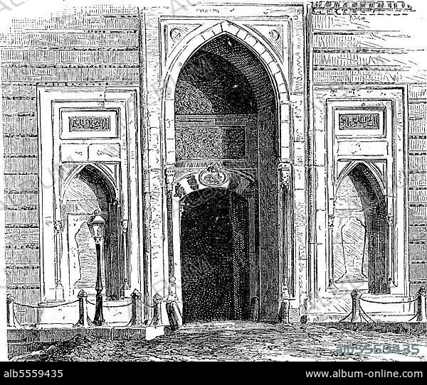Die Hohe Pforte Eingang in den Sultanspalast in Konstantinopel, Istanbul, Türkei, 1876, digital restaurierte Reproduktion einer Originalvorlage aus dem 19. Jahrhundert, genaues Originaldatum nicht bekannt.