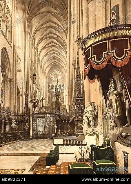 Interior view of Notre Dame d'Amiens Cathedral; Amiens; Somme department in the Hauts-de-France region; France; c. 1890; Historic; digitally enhanced reproduction of a photochrome print from 1895; Europe.
