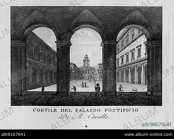 Cortile del palazzo pontificio, courtyard of the Palazzo Apostolico di Castel Gandolfo, summer residence of the Pope, Rome, Italy, digitally restored reproduction from Vedute principali e piu interessanti di Roma by Giovanni Battista, 1799, Europe.