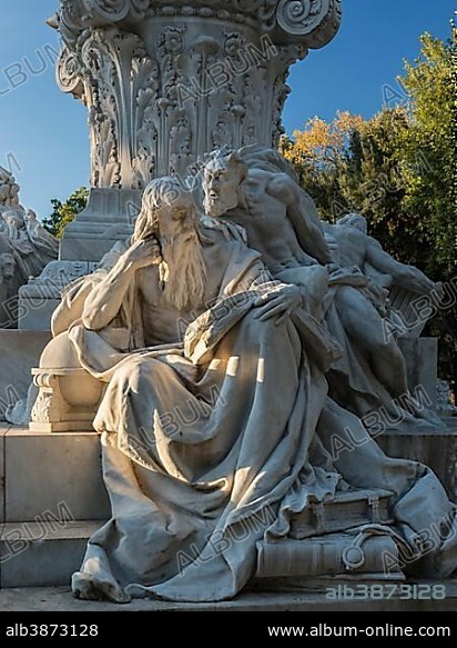 Goethe monument, sculpture group Faust and Mephistopheles, marble, 1904, sculptor Gustav Eberlein, Pinciano, Rome, Lazio, Italy, Europe.