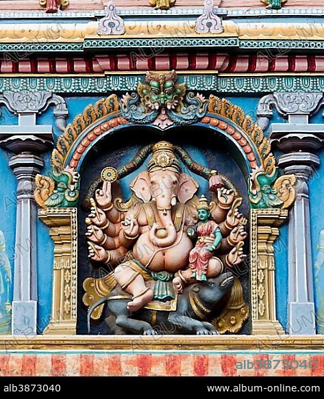 Hindu god Ganesha or Ganpati, the elephant-headed god in a representation with ten arms on a temple wall, Meenakshi Amman Temple or Sri Meenakshi Sundareswarar Temple, Madurai, Tamil Nadu, India, Asia.