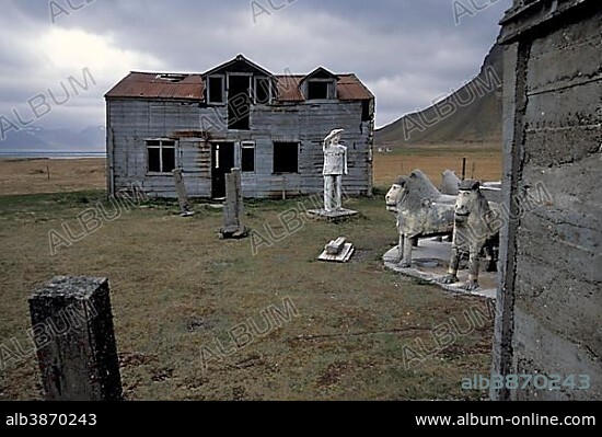 Rural exodus, abandoned farmstead of the artist and farmer Samúel Jónsson, Brautarholt, fjord, or Arnarfjoerður or Arnarfjoerdur, Westfjords, Iceland, Europe.