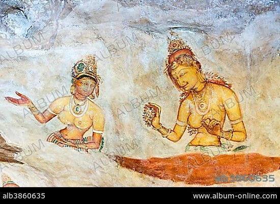 Sigiriya Wall Frescoes, Sigiriya or Lion Rock, Sri Lanka, Asia.