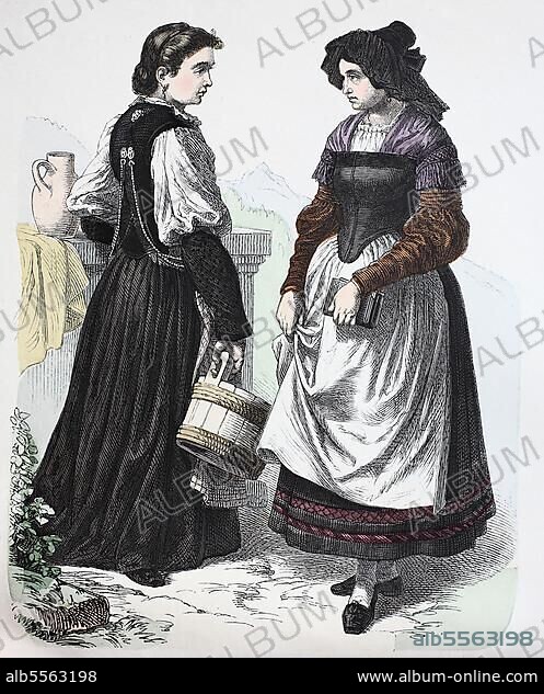 Folk traditional costume, clothing, history of costumes, traditional costume from Switzerland, Bern and Simmental, 1850, Historical, digitally restored reproduction of a 19th century original.