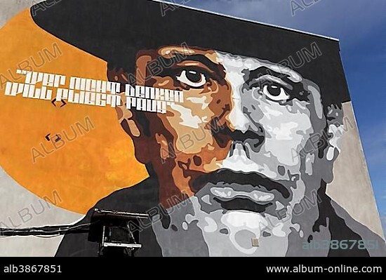 Portrait of the artist Joseph Beuys on a house wall, Düsseldorf, North Rhine-Westphalia, Germany, Europe.