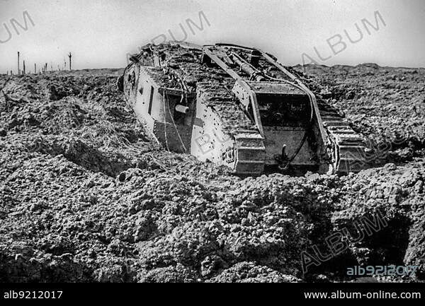 British WWI Mark IV male tank bogged down in the mud near Clapham Junction, Ypres during First World War One in West Flanders, Belgium, Europe.