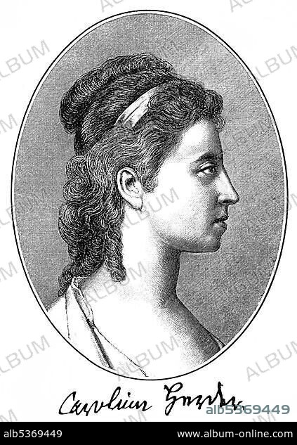Historic print, copper engraving, portrait of Maria Karoline Flachsland, wife of Johann Gottfried von Herder, 1744 - 1803, a German poet, translator, theologian and philosopher, from Bildatlas zur Geschichte der Deutschen Nationalliteratur, an illustrated atlas by Gustav Koennecke, 1887.