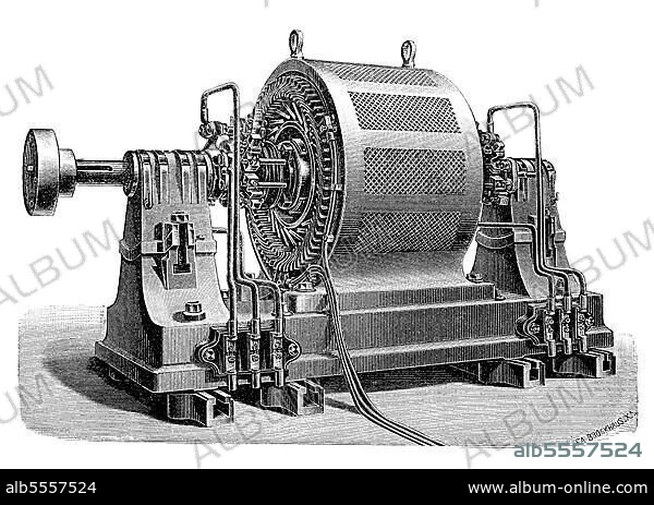 Elektrische Generatoren im 19. Jahrhundert, Drehstrom Motor der Allgemeine Elektrizitäts Gesellschaft, digital restaurierte Reproduktion einer Originalvorlage aus dem 19. Jahrhundert.