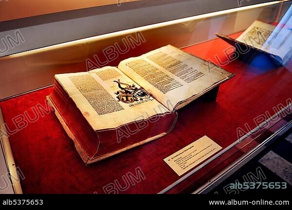 Bavarian State Library, first floor, exhibition in the Treasury, When letters became mobile â€“ transition of media in the 15th century, Bible from circa 1466, Munich, Bavaria, Germany, Europe.