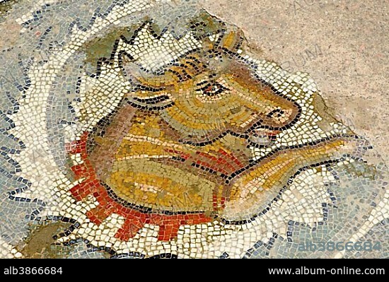 Bull, antique Roman floor mosaic, Villa Casale, Villa Romana del Casale, ancient Roman excavations, province of Enna, Sicily, Italy, Europe.