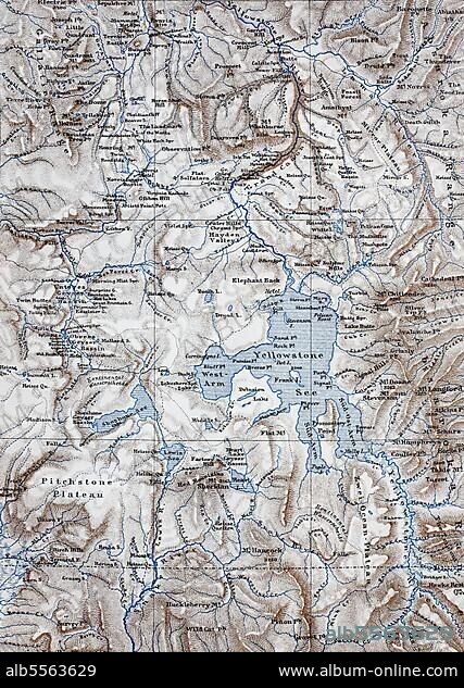 Landkarte, map from the year 1892: Yellowstone Nationalpark, America, USA, digital restaurierte Reproduktion einer Originalvorlage aus dem 19. Jahrhundert, North America.