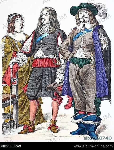 Folk traditional costume, clothing, history of costumes, Anne Countess of Chesterfield, man of the court of Charles II Duke of Newcastle, costumes from England, 17th century, digitally restored reproduction of a 19th century original, exact date unknown.