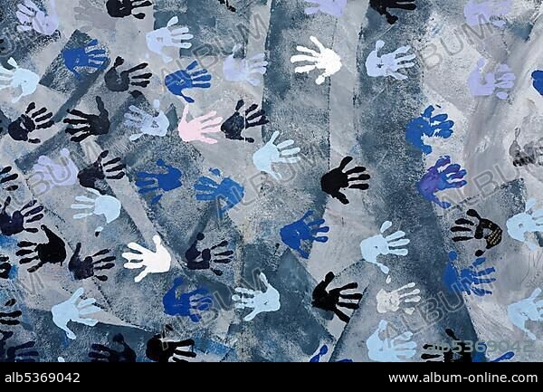 Christine KÃ¼hn, Coloured hand prints on the remants of the Berlin Wall, painting "Touch the Wall" by Christine Kuehn, East Side Gallery, Friedrichshain district, Berlin, Germany, Europe.