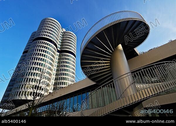 BMW towers, four cylinders and spiral staircase, Munich, Bavaria, Germany, Europe.