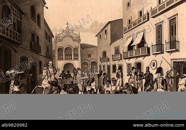 Slave market in Pernambuco; Brazil; black slaves sitting in the street while an auction takes place. Includes a scene of beating; sword; horse almost trampling a baby; dog and woman carrying a load on her head; 1824; Historic; digitally restored reproduction from a 19th century original; South America.