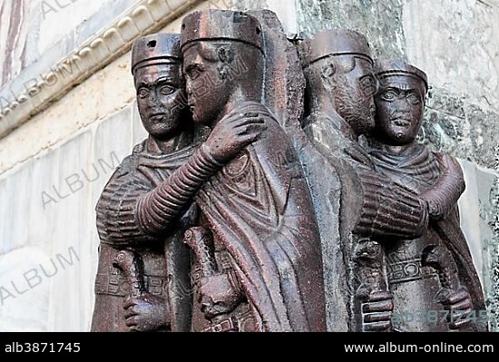 Porphyry statue of the Roman Tetrarchs, detail, St Mark's Basilica, St. Mark's Square, Venice, Italy, Europe.