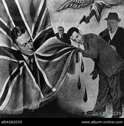 Satirical cartoon: 'Razmârâ bleeding on the Union Jack'. (nationalization of Iranian oils and liquidation of the British-Iranian oil company). 1951. Iran.
