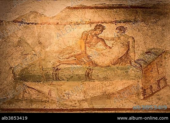 Erotic mural in the ancient brothel of Africanus, Pompeii, Campania, Italy, Europe.