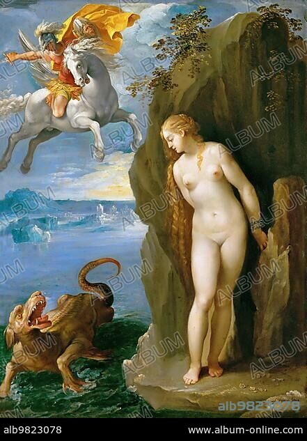 Andromeda; in Greek mythology the wife of Perseus and the daughter of the Ethiopian king Cepheus. To atone for her mother's hubris; Andromeda is to be offered as a human sacrifice to a sea monster of Poseidon and is chained to a rock; painting by Giuseppe Cesari; Historical; digitally restored reproduction from a 19th century original.