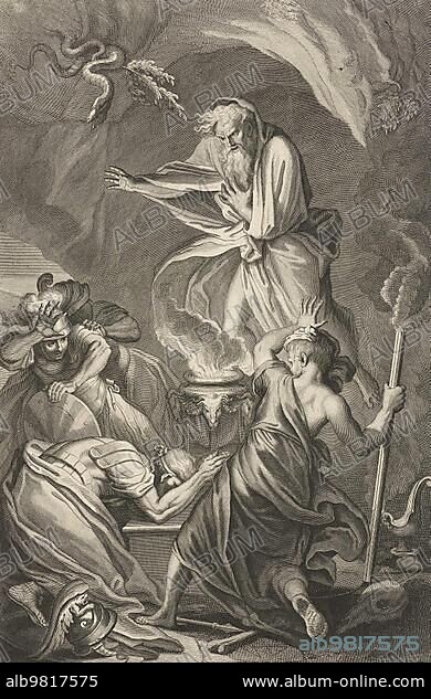 Saul with the Witch of Endor; the necromancer or witch of Endor is a character in the 1st Book of Samuel of the Bible; Historical; digitally restored reproduction from an 18th or 19th century original.
