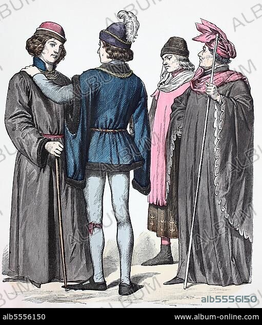 Folk traditional costume, clothing, history of costumes, noblemen, France, 1470, digitally restored reproduction of a 19th century original, exact date unknown, Europe.