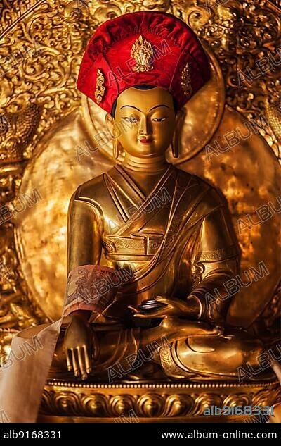 Buddha Sakyamuni statue in Lamayuru Gompa (Tibetan Buddhist monastery) . Ladakh, India, Asia.