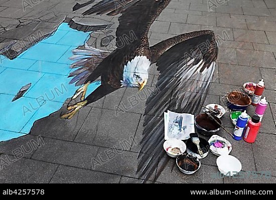 Flying Eagle, 3-D street painting, artist Nikolaj Arndt, pavement artists festival Geldern, Geldern, Niederrhein, North Rhine-Westphalia, Germany, Europe.