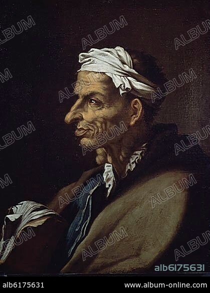 JOSÉ DE RIBERA. PERSONAJE GROTESCO CON PAÑUELO ATADO EN LA CABEZA Y VERRUGAS EN EL ROSTRO - SIGLO XVII - BARROCO ESPAÑOL.