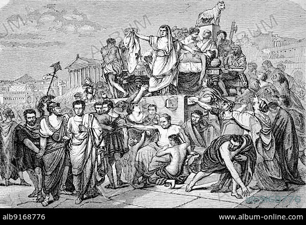 Antony delivers a funeral oration for the dead Caesar, Marcus Antonius Orator, 143 BC 87 BC The History of Ancient Rome, Roman Empire, Italy, digitally restored reproduction from a 19th century original, Europe.