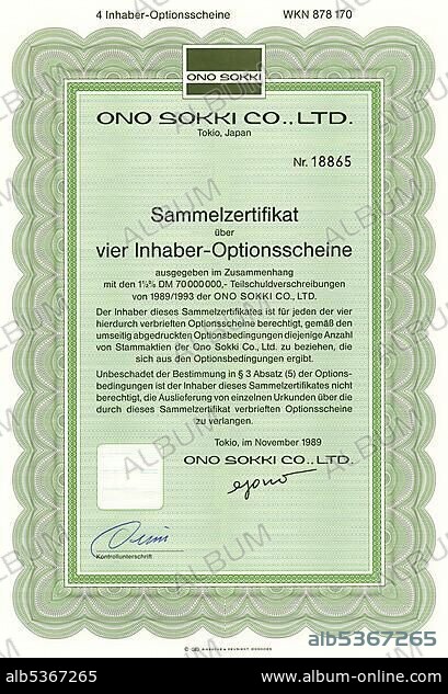 Securities certificate, bearer warrant, Japanese yen, German mark, manufacturer of electronic equipment, instrumentation and control technology, Ono Sokki Corporation, Tokyo, Japan, Asia, 1989, Asia.
