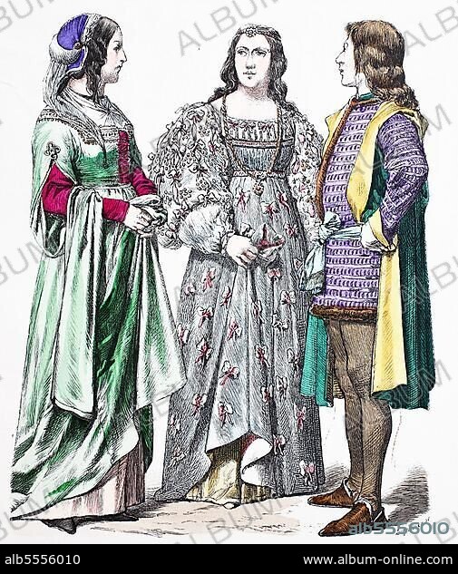 Folk traditional costume, clothing, history of costumes, people from the mid 1400s, costumes from Italy, 15th century, digitally restored reproduction of a 19th century original, exact date unknown.
