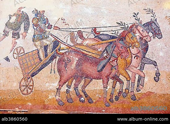 Circus Maximus, ancient Roman mosaics at the Villa Romana del Casale, Sicily, Italy, Europe.
