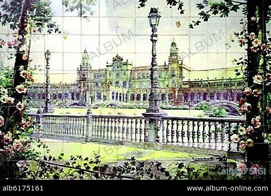 ALFONSO ROMERO MESA (1882-1940) PINTOR Y CERAMISTA. ALICATADO DE EL BAR VILLA ROSA EN EL QUE SE REPRESENTA LA PLAZA DE ESPAÑA DE SEVILLA.