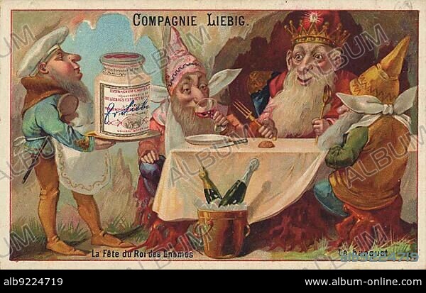 Picture series Dwarfs, the feast of the gnome king, king of the gnomes, the banquet, food, digitally restored reproduction of a collectors picture from c. 1900.