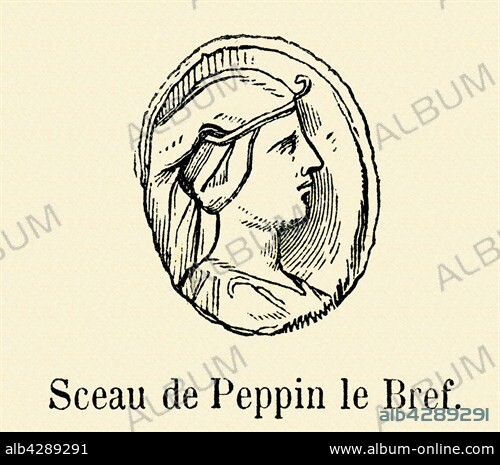 Sceal of Pepin the Short also known as Pepin the Younger was the King of the Franks from 752 until his death. He was the first of the Carolingians to become King.. 19th century engraving.