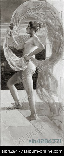 Ludek Marold. Czech school. Woman with a Mirror and Veil. 26 x 11.5 cm. Drawing and China ink. Private collection. Ludek Marold (1865-1898).