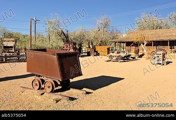 Historic trolley, Borax Museum, Furnace Creek Ranch Resort Oasis, Death Valley National Park, Mojave Desert, California, USA, North America.