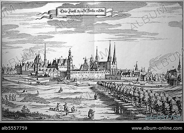 Cölln an der Spree, heute Teil von Berlin, Deutschland, Historisch, digital restaurierte Reproduktion einer Originalvorlage aus dem 18. Jahrhundert, genaues Originaldatum nicht bekannt.