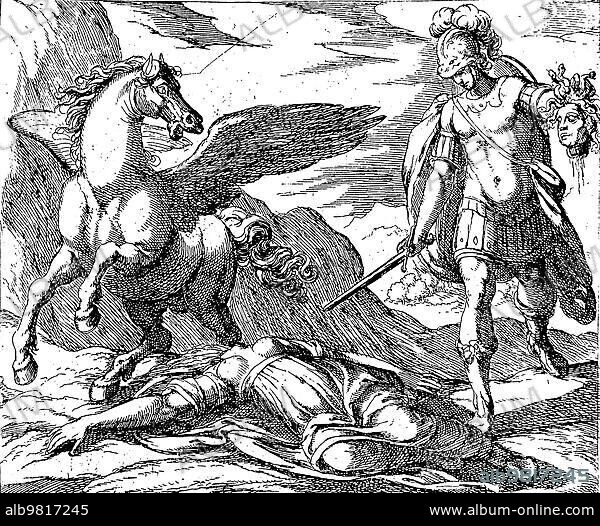 Perseus kills Medusa; from the bleeding wound of the headless Medusa spring Pegasus; a winged steed; and a giant named Chrysaor; both creatures of Poseidon; 1610; Historical; digitally restored reproduction from a 19th century original.
