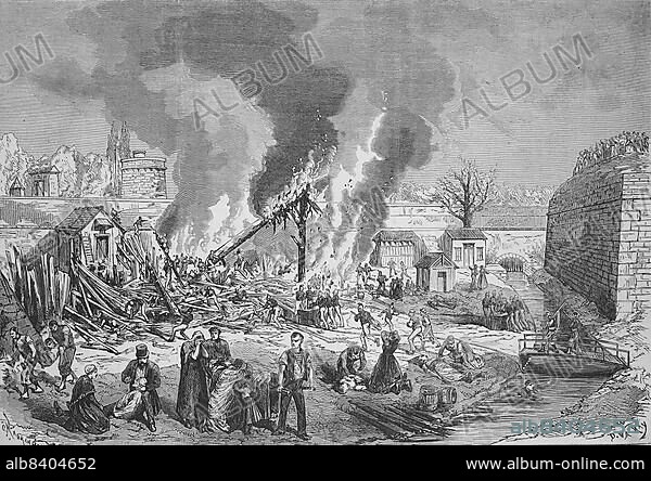 Explosion of the workshop for the manufacture of Chassepot cartridges, ammunition manufacture and ammunition depot in the arsenal of Metz, 1969, France, Historic, digitally restored reproduction of an original 19th century master, exact original date unknown, Europe.