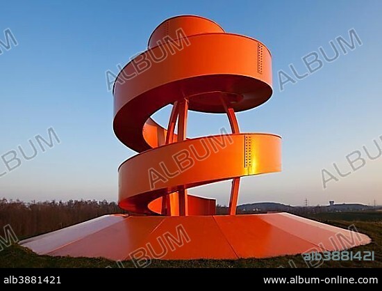 Stairway to nothingness, stockpiling sign in the Lippepark, Berghaus architects, Hamm, Ruhr district, North Rhine-Westphalia, Germany, Europe.