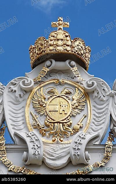 Emperor crown and coat of arms at the emperor part of the Hofburg, view from the Josefsplatz, Vienna, Austria, Europe.