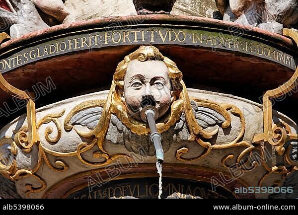 Gargoyle angel, detail of the historic St. Peter fountains, main market place, Trier, Rhineland-Palatinate, Germany, Europe.