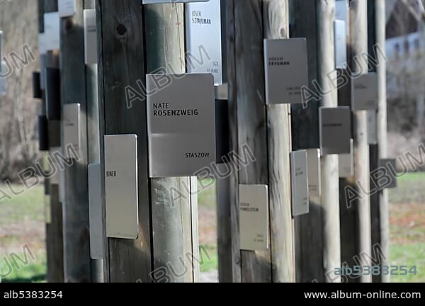 Details, name signs, KZ-Gedenkstaette Hessental concentration camp memorial, SchwÃ¤bisch Hall, Baden-Wuerttemberg, Germany, Europe.