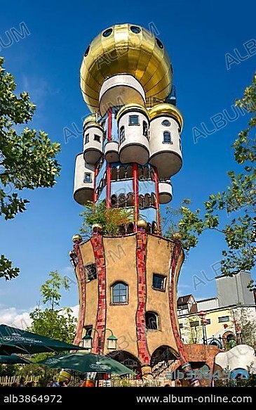 Kuchlbauer Tower, also Hundertwasser Tower by Friedensreich Hundertwasser and Peter Pelican in the beer garden of the Kuchlbauer brewery, Kuchlbauer's World of Beer, Abensberg, Lower Bavaria, Bavaria, Germany, Europe.