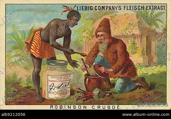 Picture series The Story of Robinson Crusoe, Robinson Cooks for Friday, digitally restored reproduction of a collectors picture from c. 1900.
