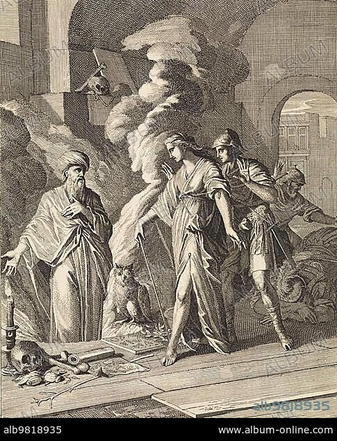 Samuel Appears to Saul at the Witch of Endor; 1708; The necromancer or witch of Endor is a character in the 1st Book of Samuel of the Bible; Historical; digitally restored reproduction from an 18th or 19th century original.