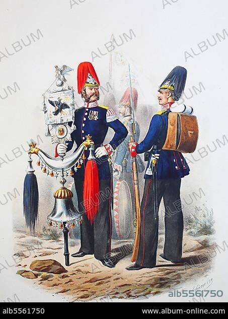 Prussian Army, Prussian Guard, Guard Fusilier Regiment, Mohamed's Flag, Hauptboist, Fusilier, Army Uniform, Military, Prussia, Germany, Digitally restored reproduction of a 19th century original, Europe.