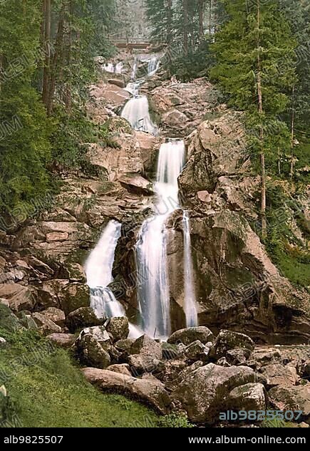 The waterfall of Treiberg; Triberg; Black Forest; Baden-Württemberg; Historic; digitally enhanced reproduction of a photochrome print from 1898.